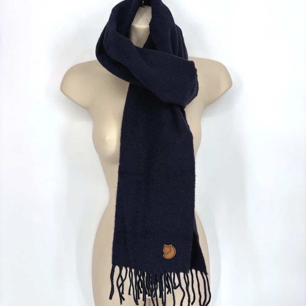 Fjallraven Wool Scarf Fringe Solid Navy Leather Patch Unisex 81 in